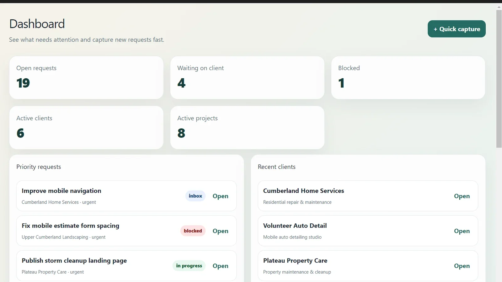 Client and project organizer dashboard showing requests, active clients, projects, and priority work