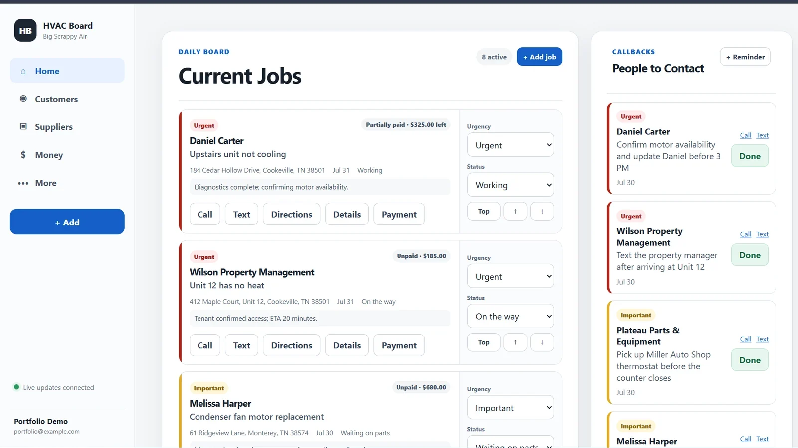 Customer and job tracking dashboard showing active jobs, urgency, payment status, and callbacks